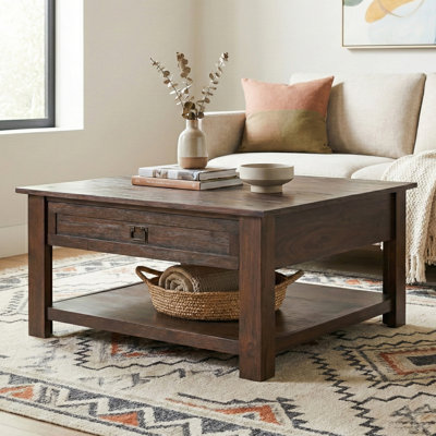 Monroe 38"W Solid Acacia Wood Rustic Square Coffee Table with 2 Drawers and Open Shelf