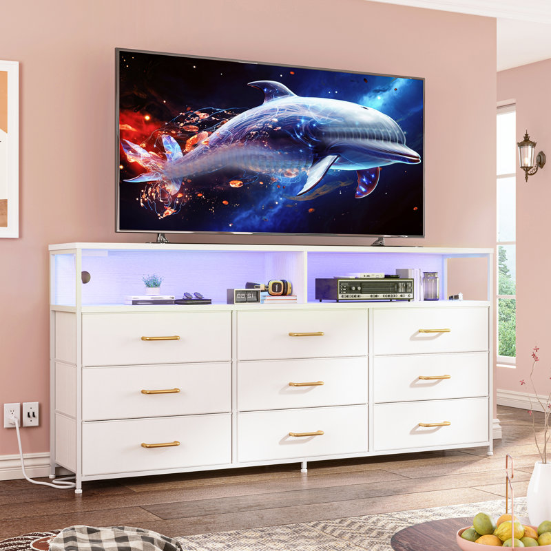 55" Modern Tv Stand With Storage Dresser,Built-In Usb Charging, Led Lighting, White