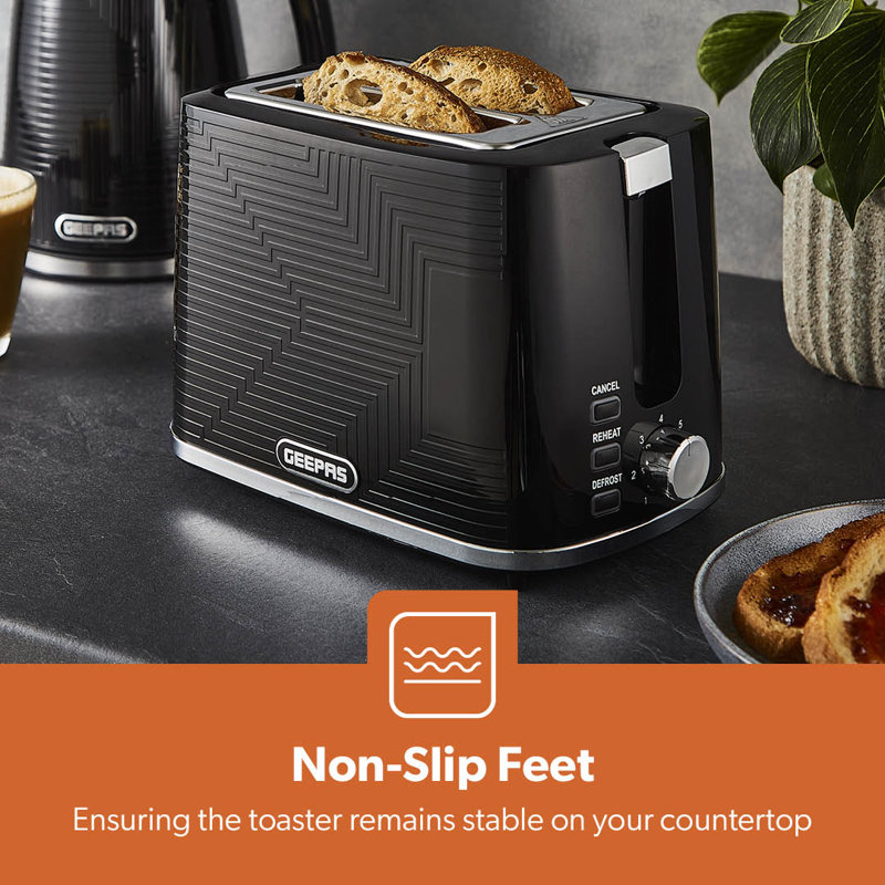 GEEPAS 2 Slice Toaster | 7 Browning Levels Cancel Defrost Reheat | For Thin Small Bread Slice, Removable Crumb Tray Cool Touch Housing High Lift | Space-Saving Design | 2 Yr Warranty 900W Opus