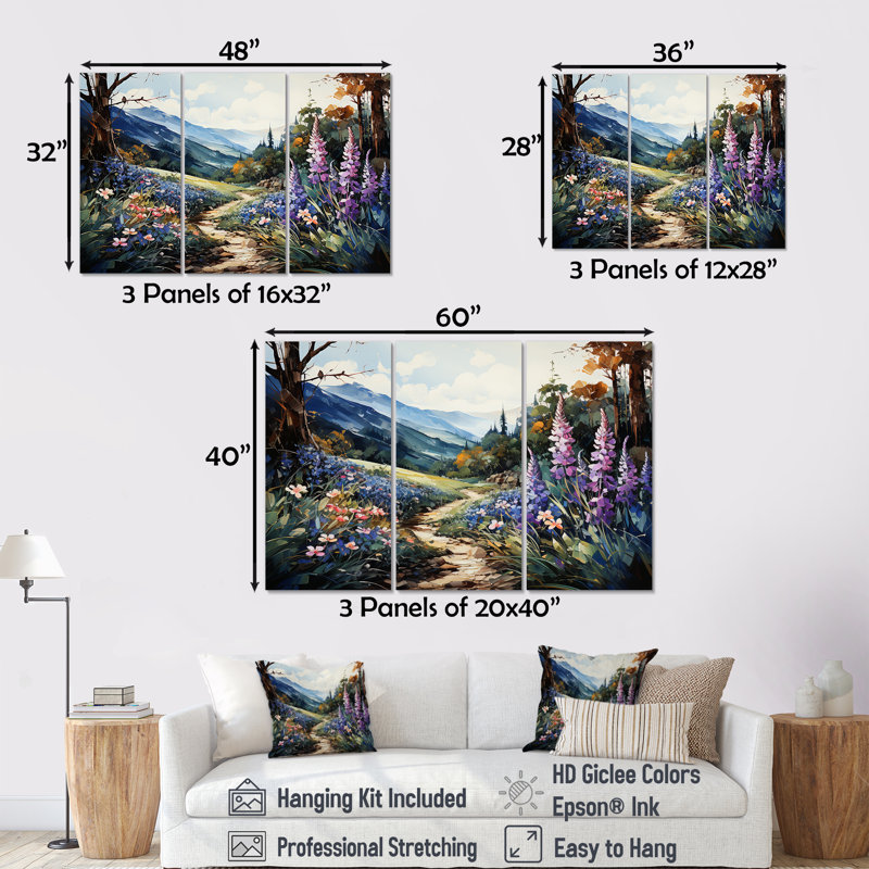 Blue Bonnets Mountain Landscape - Ensemble de décorations murales fleurs, Toile tendue, H 28 po x l 36 po x P 1 po