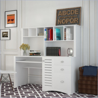 Bureaux | Bureau de 59 po blanc antique avec huche, tablettes de rangement et amp; Tiroirs | Panneau de fibres à densité moyenne | Blanc