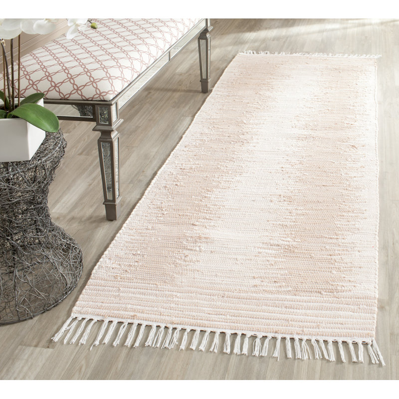 Tapis beige en coton tissé à la main Annia, Tapis de couloir 2 pi 3 po x 7 pi