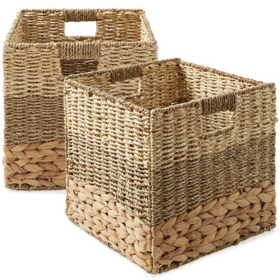 10.5" Mixed Weave Hyacinth Seagrass Storage Basket Cubes, Natural - Set of 2