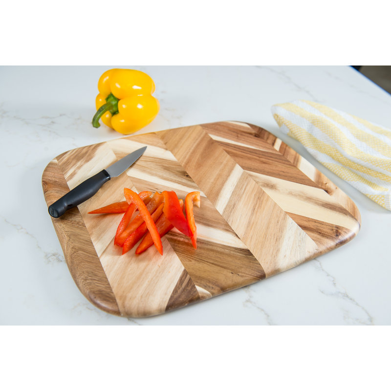 Acacia Herringbone Rounded Edge Cutting/Serve Board With Inset Handles, Small