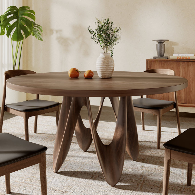 Table de salle à manger ronde en bois massif de couleur noyer avec base courbée artistique, table de salle à manger contemporaine jusqu'à 8 personnes
