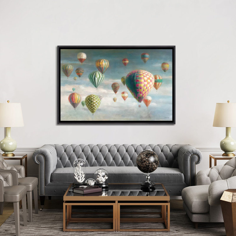 " Hot Air Balloons With Pink Crop " by Danhui Nai, Distressed Black Framed, No Mat, 40'' H x 60'' W x 1.5'' D