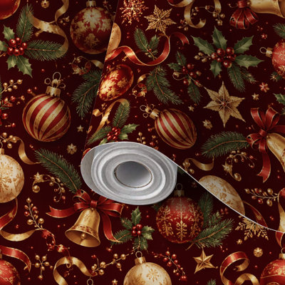 Décorations de Noël autocollantes à peler et à coller, décorations de Noël en or rouge, branches de houx autocollantes et amovibles 45,7 x 300 cm (17,7 po x 118 po)