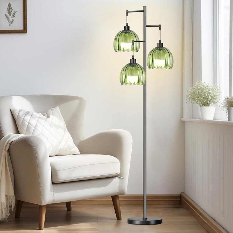 Mid Century Modern Floor Lamp With Adjustable Flower Glass Shades, 68IN Tall Vintage Tree Design For Living Room, Bedroom, Office, Includes 3 Bulbs