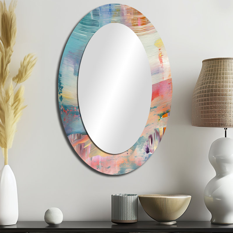 Miroir mural printanier en tendre rétro pastel I - Décoration murale ovale rose, 36 po x 24 po