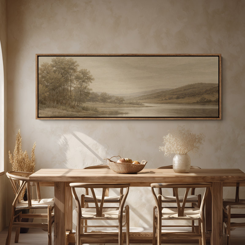 Framed Canvas Wall Art - Tranquil River Landscape with Trees and Rolling Hills in Warm Neutrals - 16"x24", 24"x36", Natural