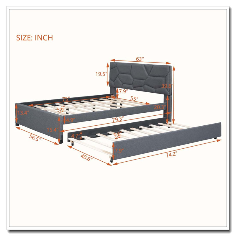 Lit plateforme tapissier avec tête de lit à motif brique et gigogne simple, gris
