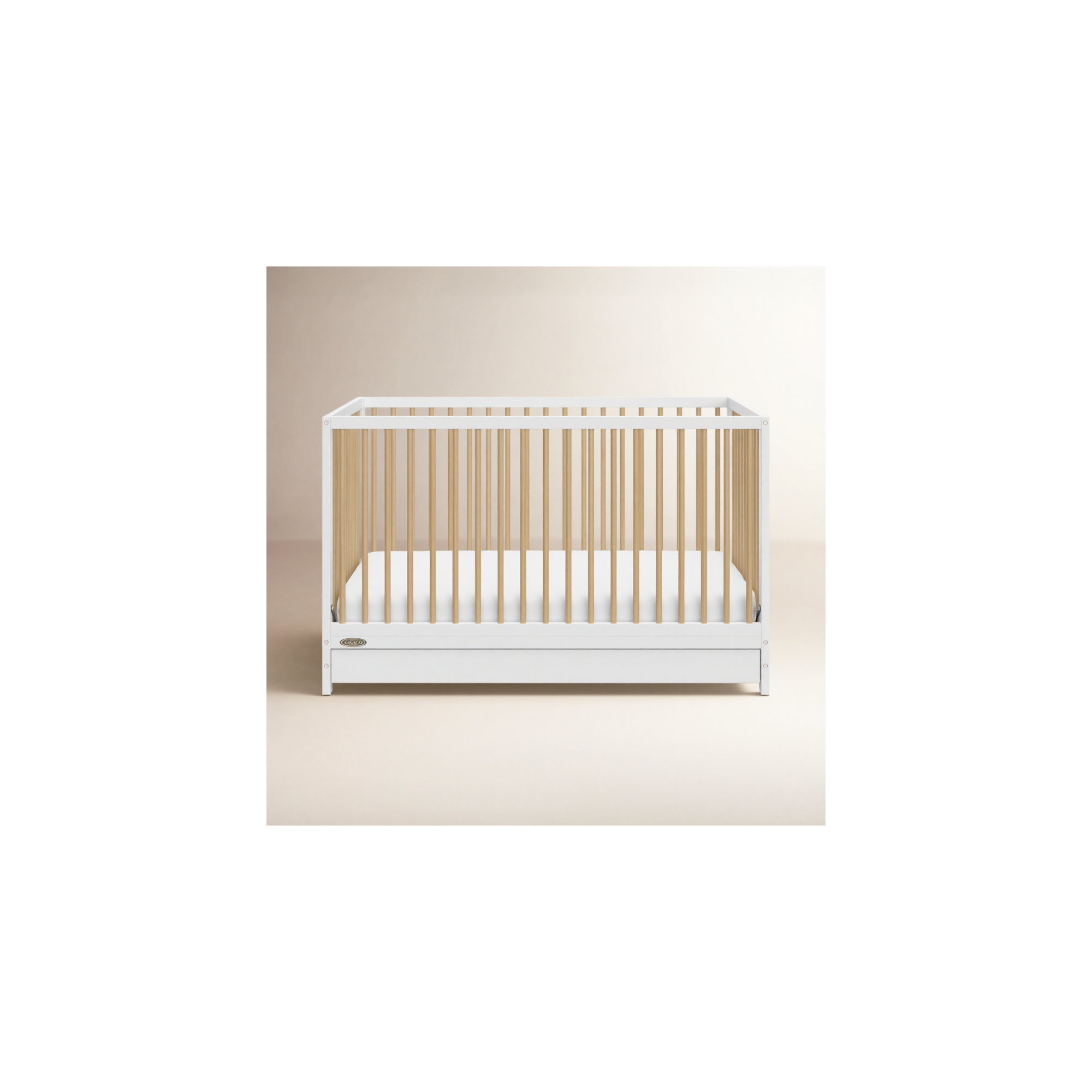 Teddi 5-in-1 Convertible Crib with Storage, White/Driftwood, Crib + Mattress