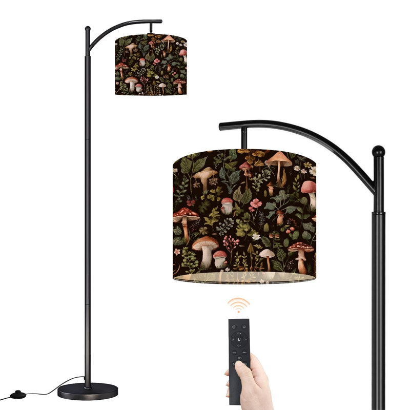 Arc Floor Lamp with Adjustable Lampshade Whimsical Forest Mushrooms Wildflower Dark Standing Lamp 3 Color Temperatures Dimmable Tall Pole Lamp with Foot Switch for Bedroom