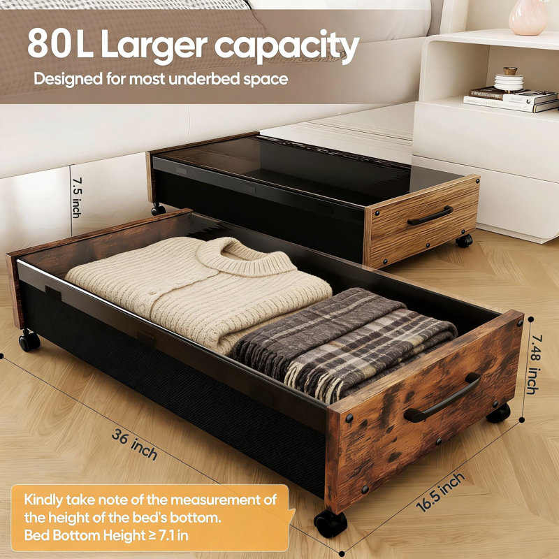 Under Bed Storage Drawers With Wheels And Clear Lid, 2-Pack Extra Large Rolling Storage Containers For Shoes, Clothes, Toys, Heavy Duty Wooden Design With Removable Transparent Cover