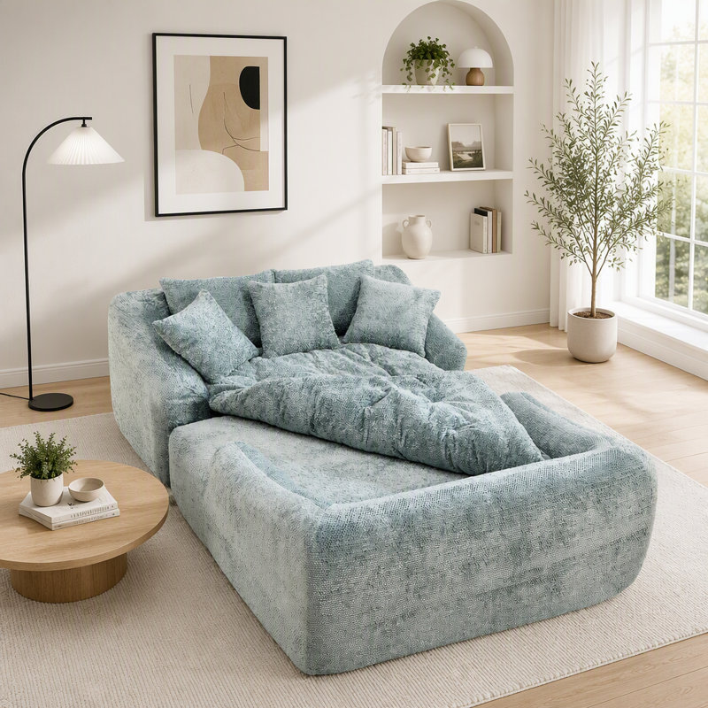 Chaise longue surdimensionnée moderne en chenille, à assise profonde, avec coussins décoratifs et accoudoirs, idéale pour le salon, la chambre ou un appartement.
