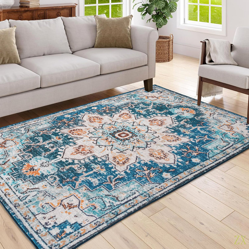 Area Rug 5X7 Vintage Bohemia Large Persian Non-Slip Washable Rug For Living Room Kitchen Bedroom Living Room Flower Design