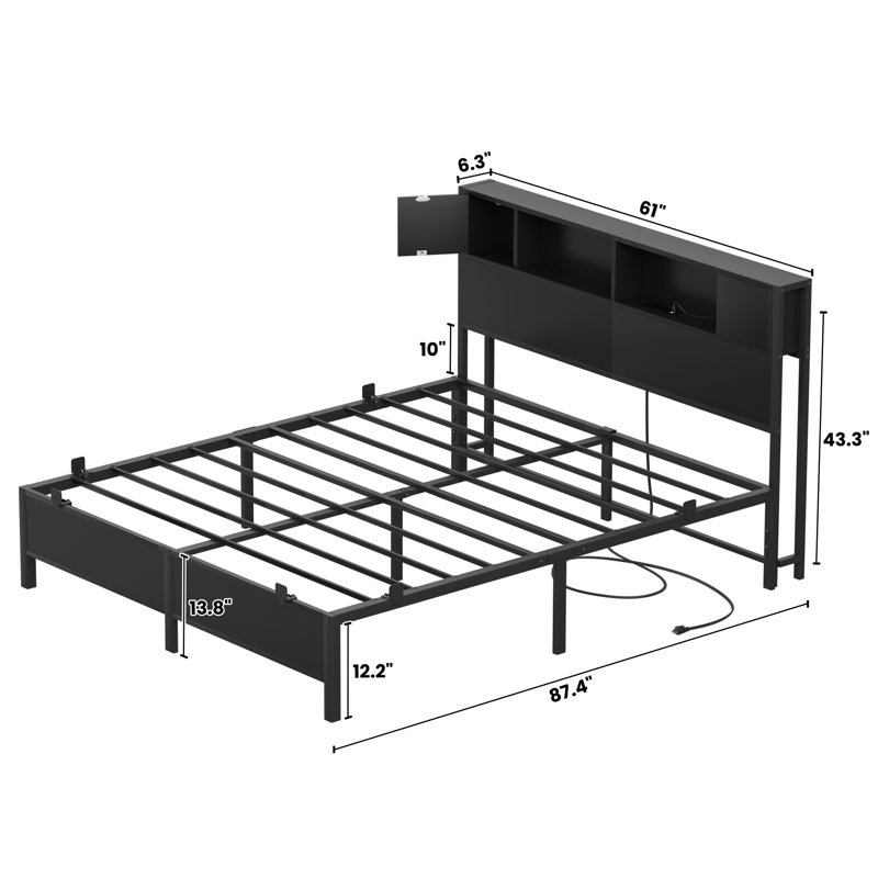 Cadre de lit en métal avec tête de lit, 2 armoires avec portes, lumières DEL et ports USB, grand espace de rangement, Grand
