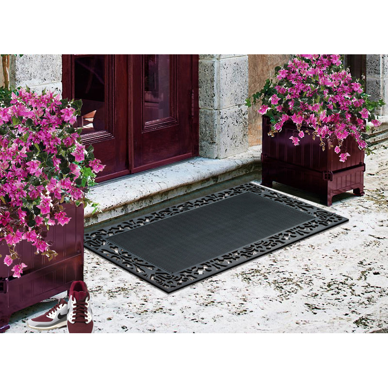 Tapis d'entrée 100% caoutchouc, 30 po x 48 po, bordure cachemire, antidérapant à profil mince robuste avec drainage, gris