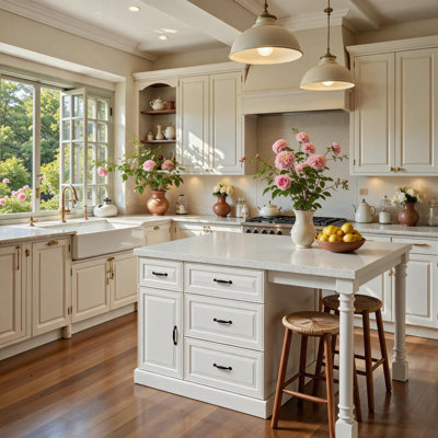 63'' W X 63'' D Kitchen Island With Seating For 4, 5 Drawers, 2 Cabinets, And Marble-Inspired Top