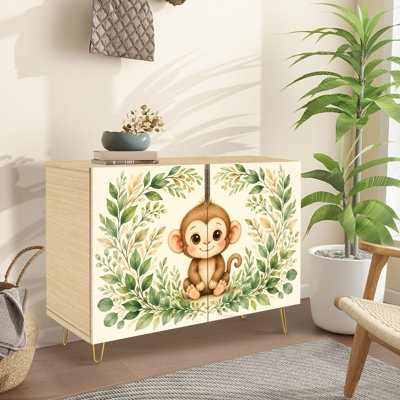 Narrow 35.4" Wide Sideboard Buffet Cabinet - 2-Door Accent Storage Cabinet With Baby Monkey Print And Metal Legs