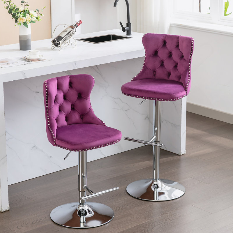 Adjustable Height Swivel Metal Pedestal Bar Stools with Footrest, Purple