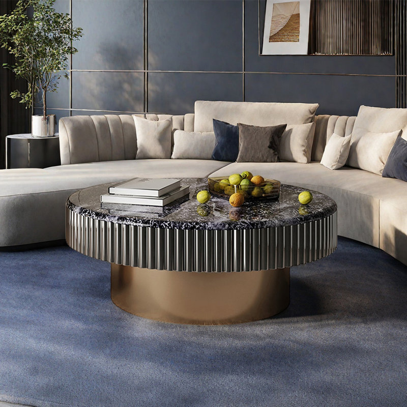 Table basse ronde en pierre micro-cristalline, H 13,8 po x L 35,4 po x l 35,4 po