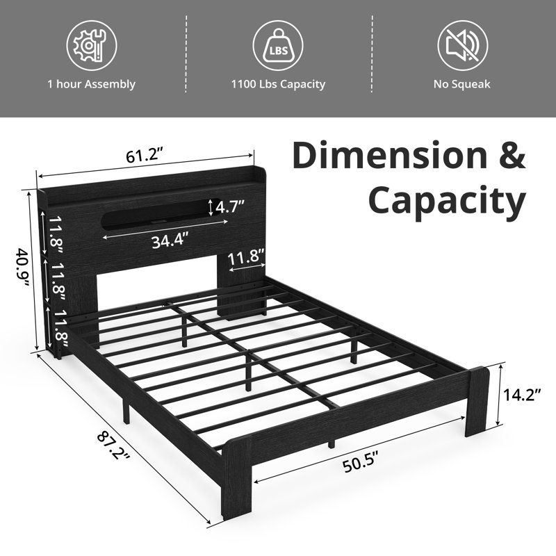 Grand lit plateforme avec tête de lit, DEL et station de charge, noir, Queen, Black