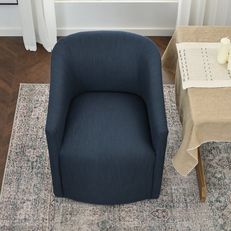 25" Wide Modern No Assembly Linen Barrel Back Upholstered Dining Armchair with Interchangeable Casters & Fixed Feet, Indigo