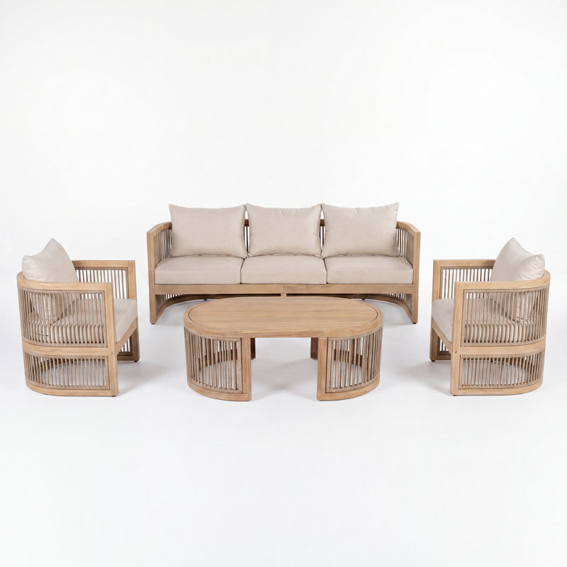 Ensemble de conversation d'extérieur moderne en bois d'acacia avec corde tissée à la main pour 5 personnes Brecht