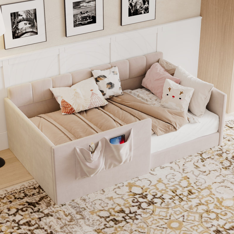 Twin Size Daybed Velvet Upholstered Sofa Bed with High Side Panels and Side Entrance, Twin, Pink