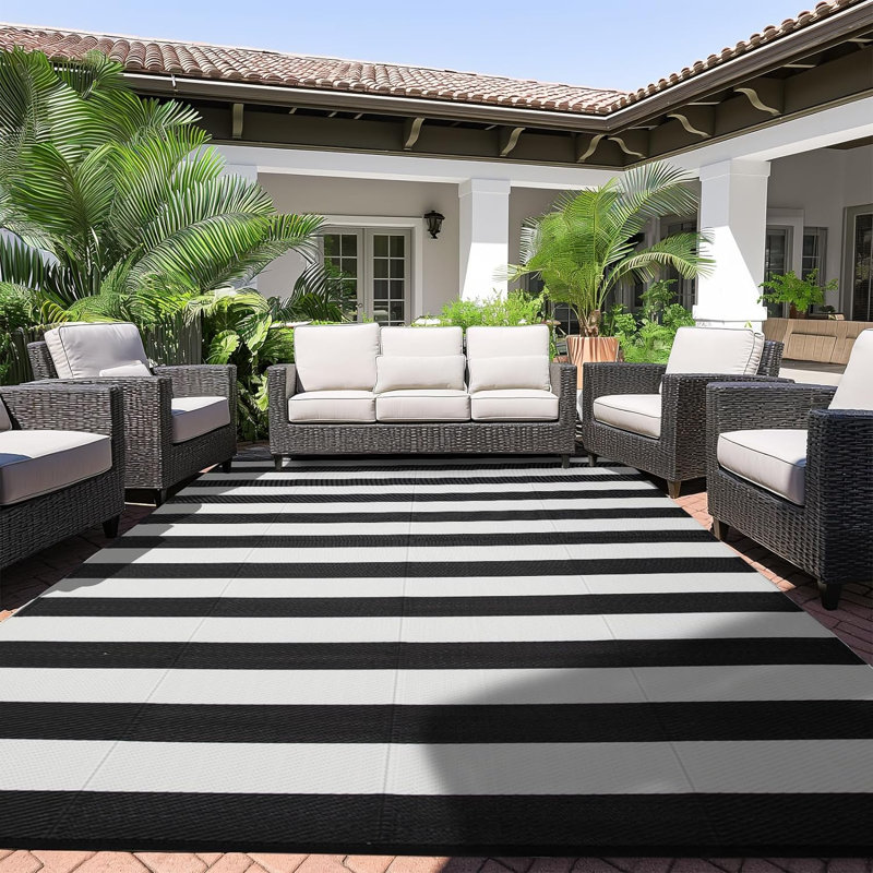 Tapis de patio intérieur / extérieur en paille réversible imperméable en plastique, noir et blanc, Rectangle 9 pi x 12 pi