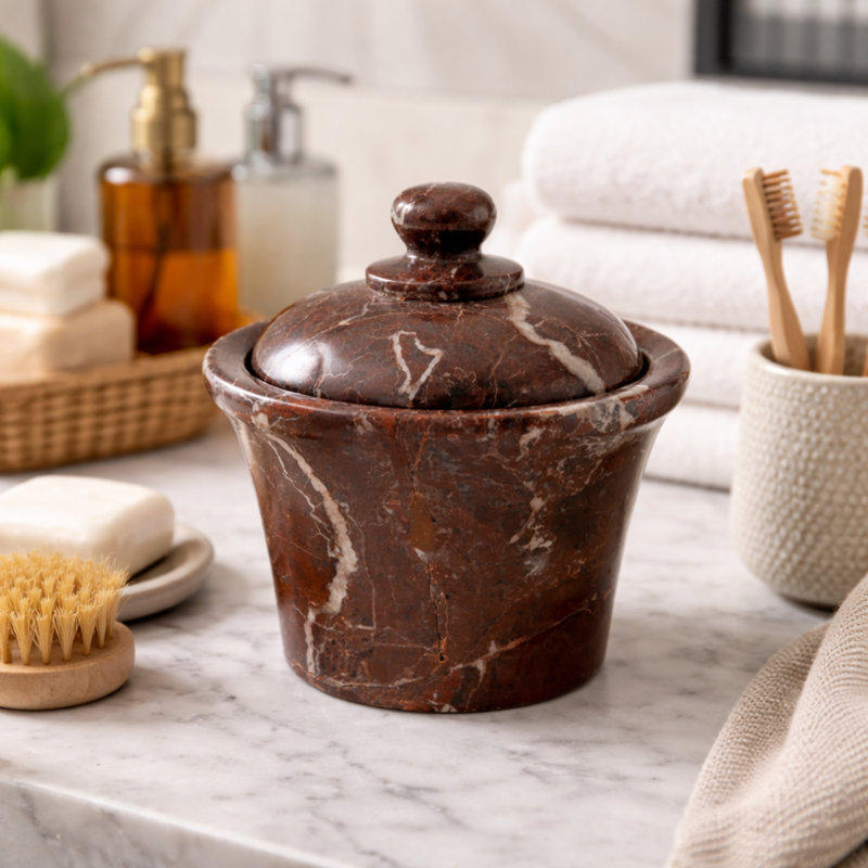 Red Zebra Marble Bathroom Storage Jar with Lid – Cotton Ball & Vanity Organizer