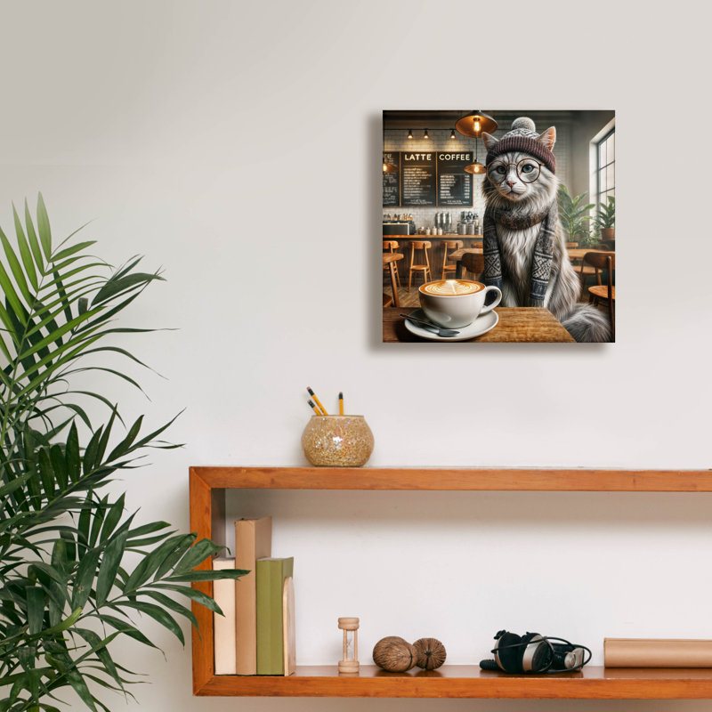 «Hipster Cat In Coffee Shop» par Rey Klimt, art mural sur toile, H 12 po x l 12 po x P 0,75 po