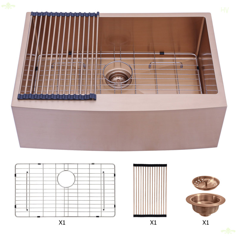 33X21x10"Farmhouse Apron Single Bowl Stainless Steel Kitchen Sink, Rose Gold