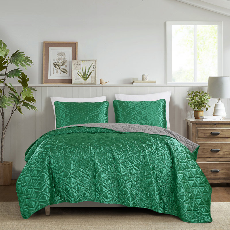 Couvre-lit réversible 3 pièces Ayers, Couvre-lit de très grande taille et 2 taies déco, Vert / Gris