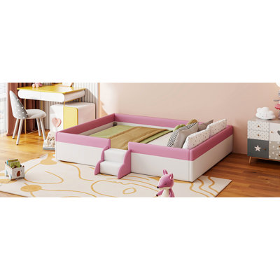 Très grand cadre de lit de jour rembourré avec clôture, apparence rose et blanche, construction, clôture de lit à deux niveaux facile à assembler, pièce de chambre à coucher artistique, éponge en PU de qualité, repos confortable