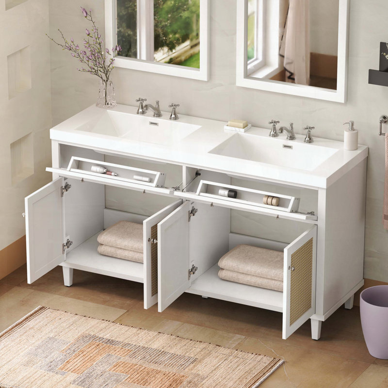 Meuble-lavabo double avec lavabos SMC, plateaux basculants et portes en rotin
