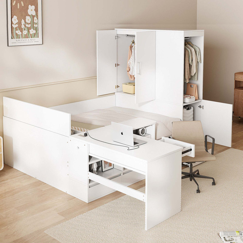 Full Functionality Wooden Platform Bed with Multiple Storage Solutions, Desk and Wardrobe, Perfect for Organized Living Spaces