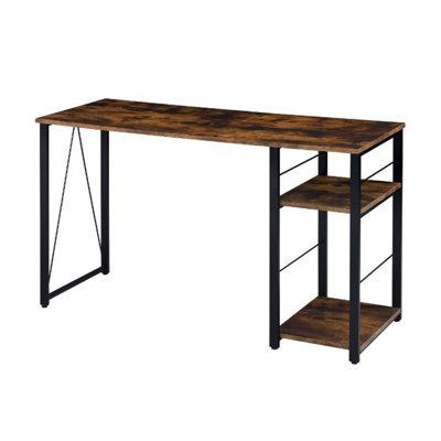 Rectangular Writing Desk With 2 Tier Shelves, Black Metal Frame And Weathered Oak Surface, 47 In Depth, Ample Working Space Open Base 28"h Leg Space,