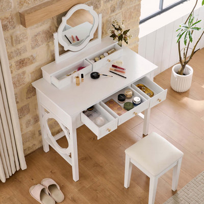 Coiffeuse compacte avec miroir pivotant et 5 tiroirs