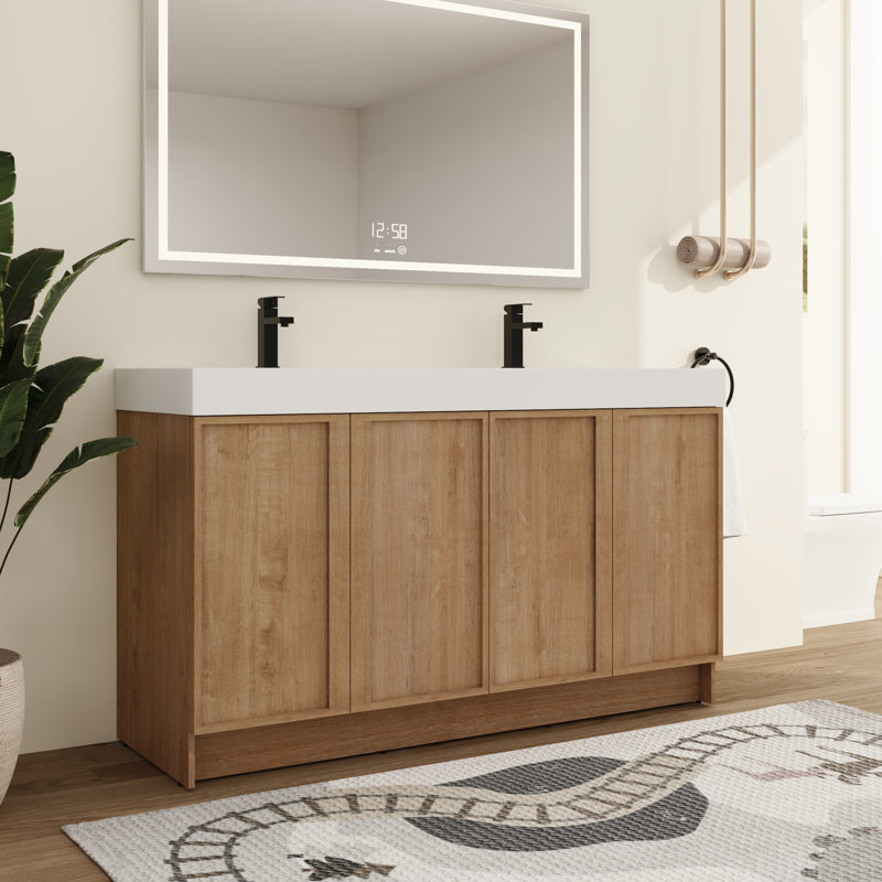 Ensemble de meuble-lavabo double 60 po avec plateau en résine Kaelor, meuble-lavabo double autoportant avec lavabo en résine