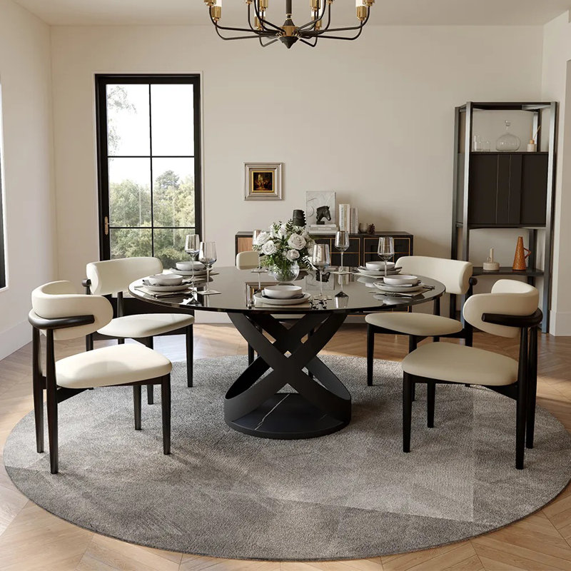 Ensemble de salle à manger moderne 5/7 pièces, ensemble de table de salle à manger rond pré-assemblé, ensemble de table de salle à manger en pierre frittée avec chaises rembourrées