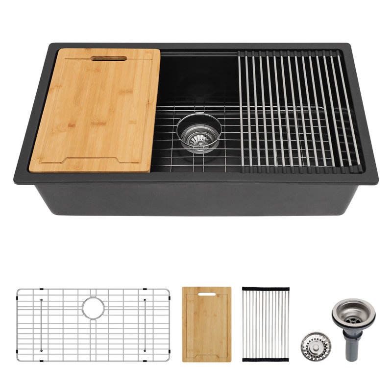Quartz 33" x 19" Undermount Workstation Sink Deep Single Bowl Granite Composite Kitchen Sink, Black