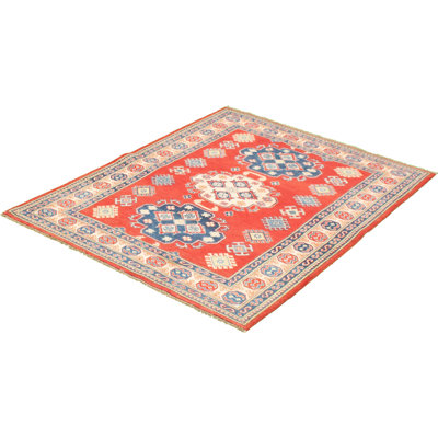 Tapis unique en laine noué à la main rouge Gazni des années 2010 de 5 pi x 6 pi 6 po Qaiden