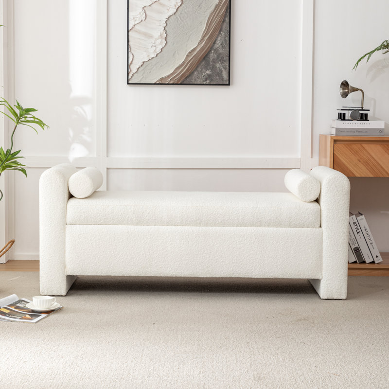 Banc de rangement rembourré en polyester Lataja, Crème, H 24 po x l 57 po x P 19,7 po