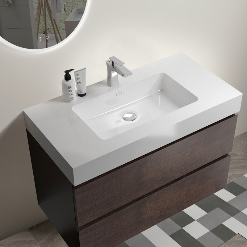 Meuble-lavabo de salle de bain avec lavabo, grand meuble-lavabo flottant mural de rangement, lavabo blanc une pièce sans drain ni robinet, pré-assemblé
