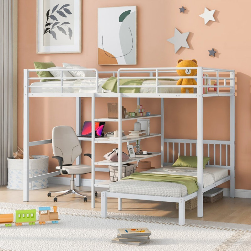 Lit superposé simple / double en métal avec bureau intégré Tablettes, aucun sommier requis, robustes Durable, Blanc