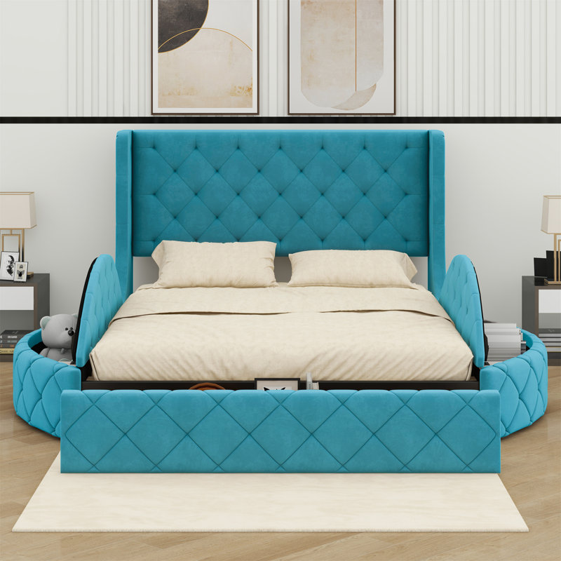 Lit plateforme tapissier avec tête de lit à oreilles, grand tiroir et 2 tabourets de rangement latéraux, Bleu