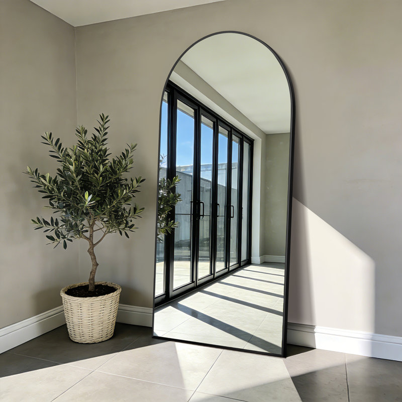 Très grand miroir de plancher arqué en métal pleine longueur avec support, miroir mural ou incliné pour chambre à coucher, salle de gym à domicile, salon, entrée