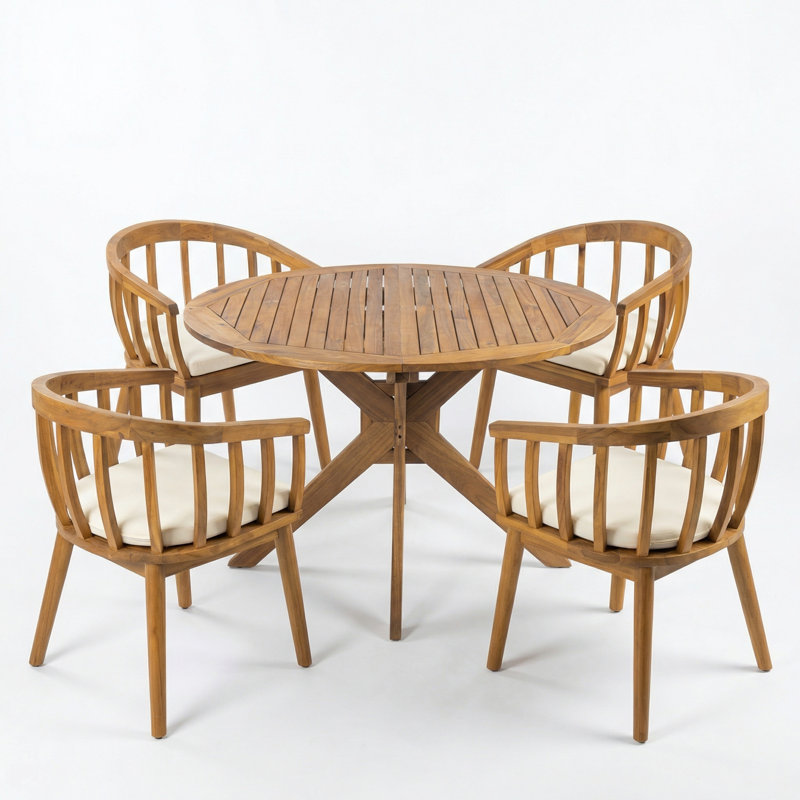 Renaud Modern Coastal Acacia Wood Outdoor Dining Set With Curved Spindle Chairs And Round Slat Table